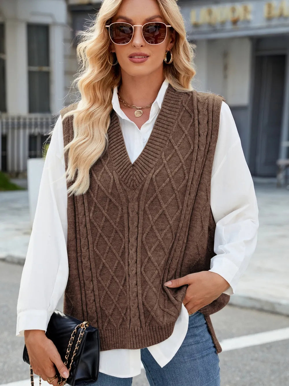Cable Knit V-Neck Sweater Vest - adritiX