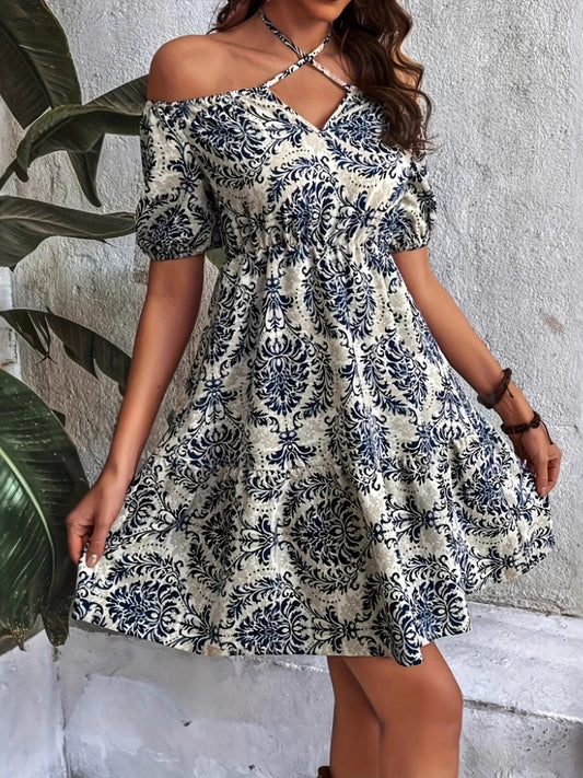Off-Shoulder Printed Smocked Mini Dress - adritiX