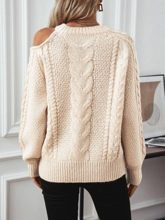 Cable Knit Round Neck Cold Shoulder Sweater - adritiX