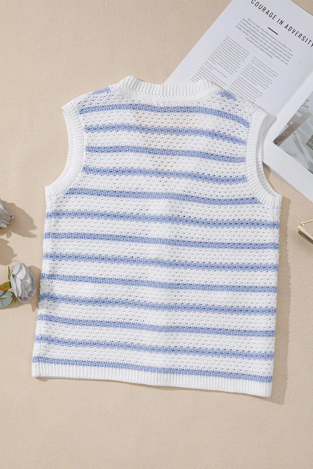 Stripe V Neck Gold Buttons Elegant Sweater Vest - adritiX