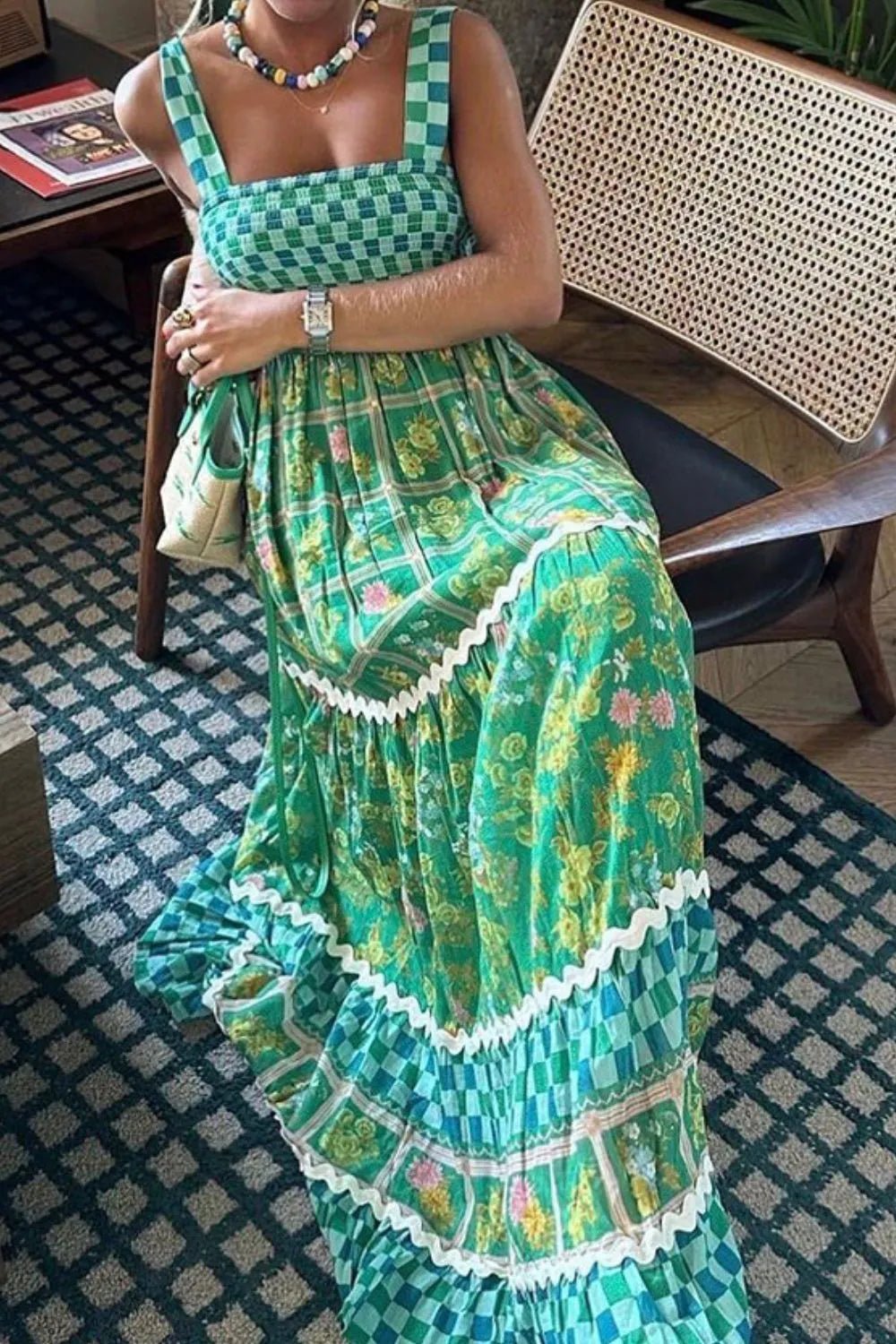 Printed Square Neck Tiered Dress - adritiX