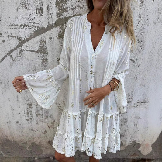 Elegant Bronzing Fashion Horn Lace Sleeve Hollow Dress - adritiX