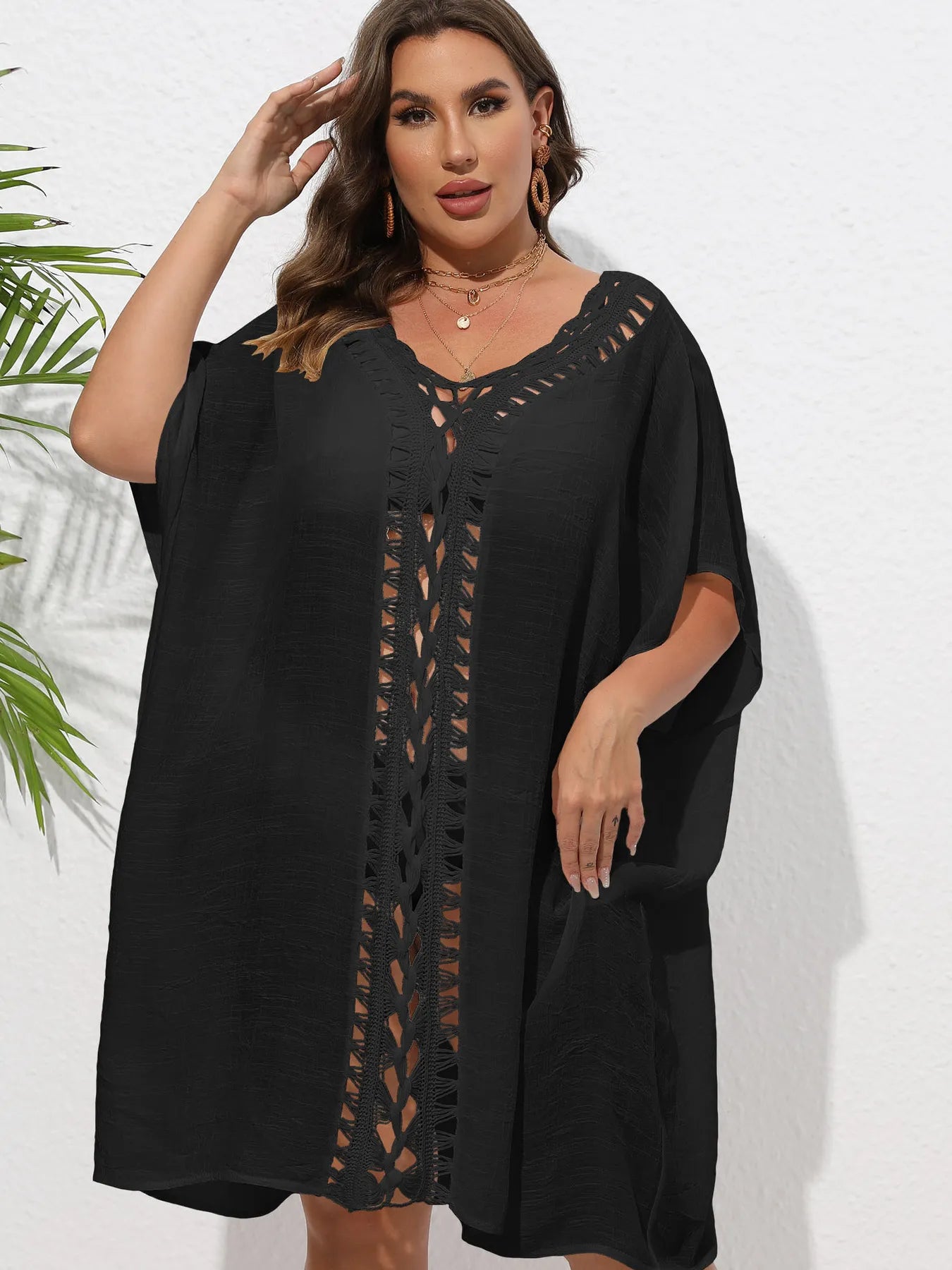 Crochet Trim V-Neck Beach Cover Up Dress - adritiX