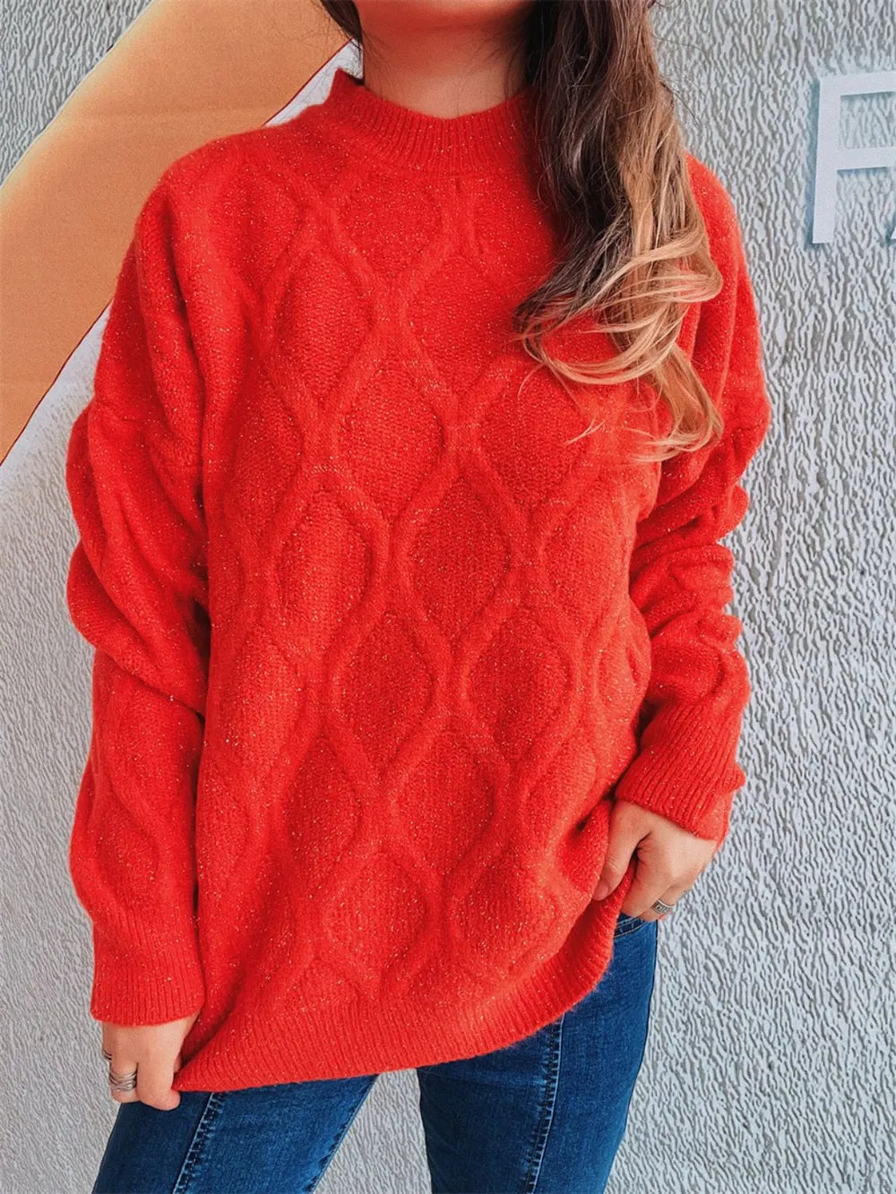 Diamond Round Neck Long Sleeve Sweater - adritiX