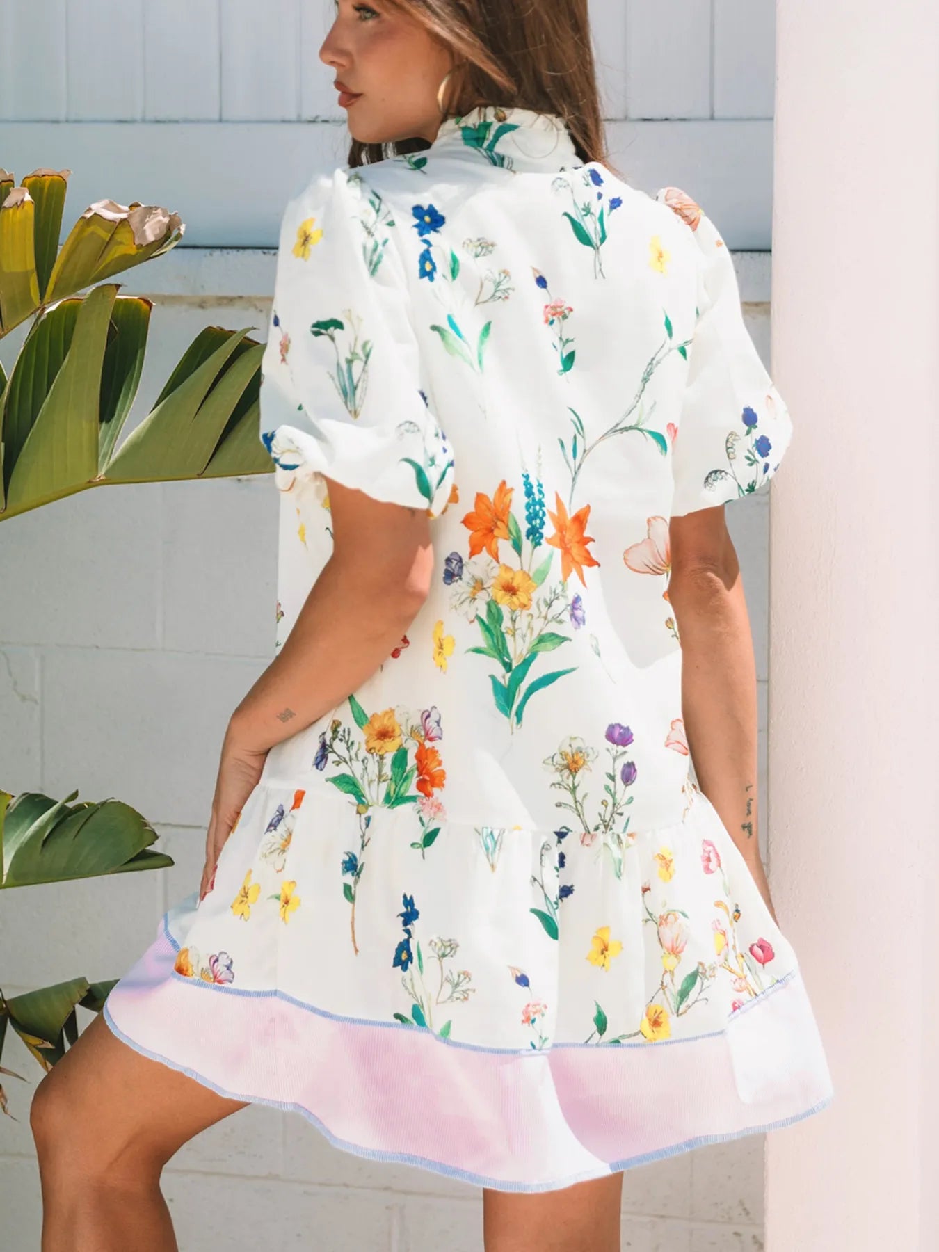 Floral Print Notched Short Sleeve Dress - adritiX