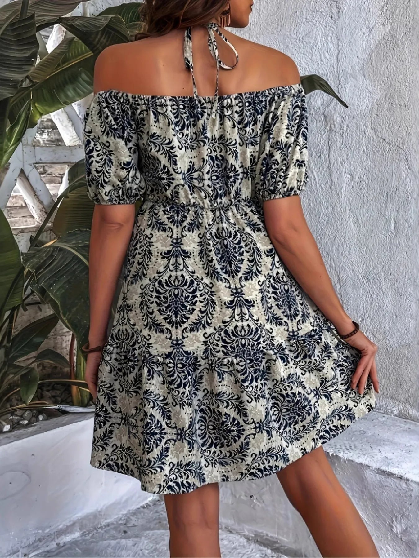 Off-Shoulder Printed Smocked Mini Dress - adritiX