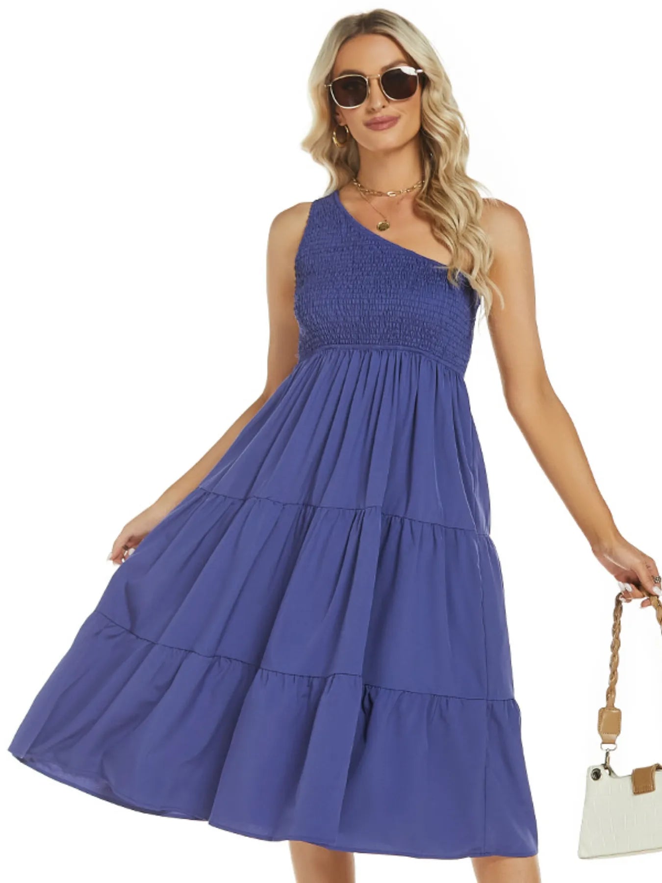 One-Shoulder Tiered Midi Dress with Smocked Bodice - adritiX