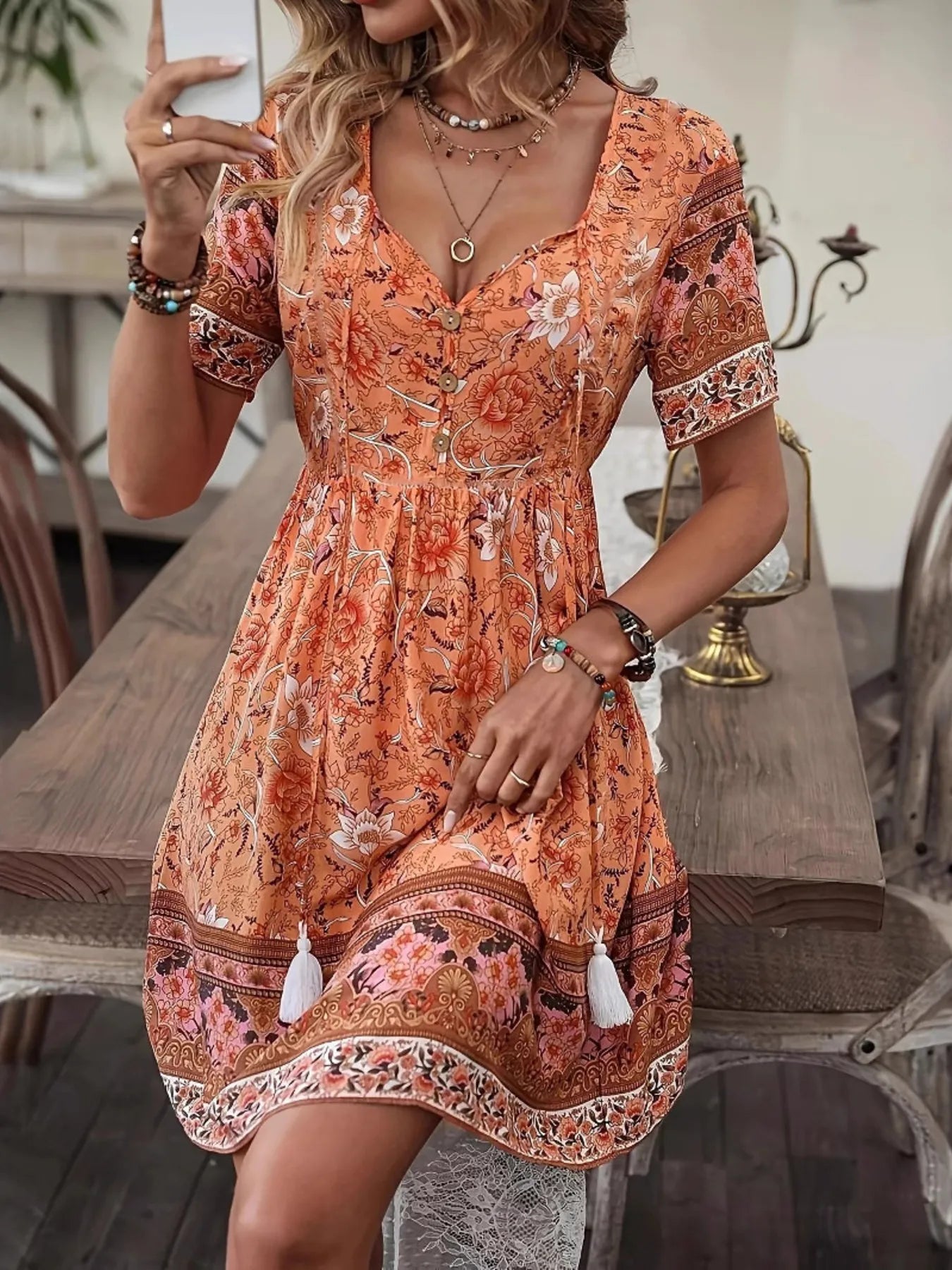 Printed Tie Neck Short Sleeve Summer Dress - adritiX