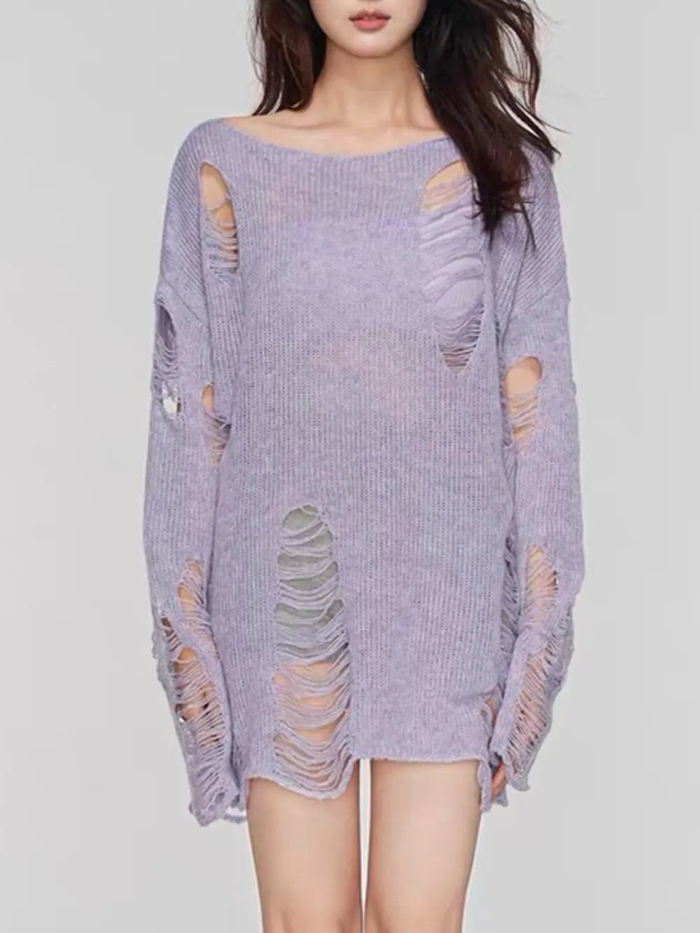 Distressed Boat Neck Knit Cover Up - adritiX
