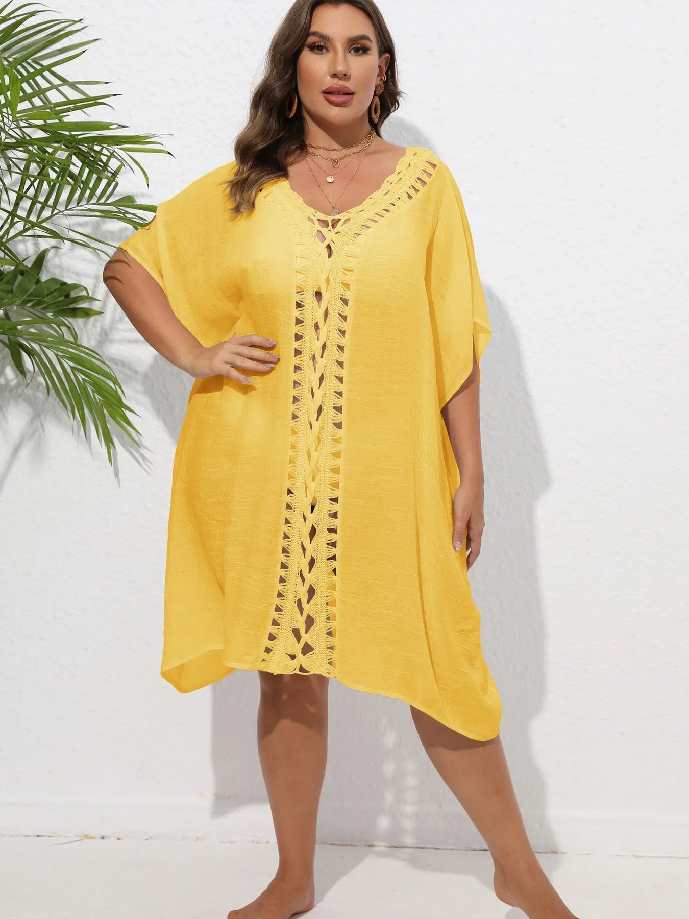 Crochet Trim V-Neck Beach Cover Up Dress - adritiX