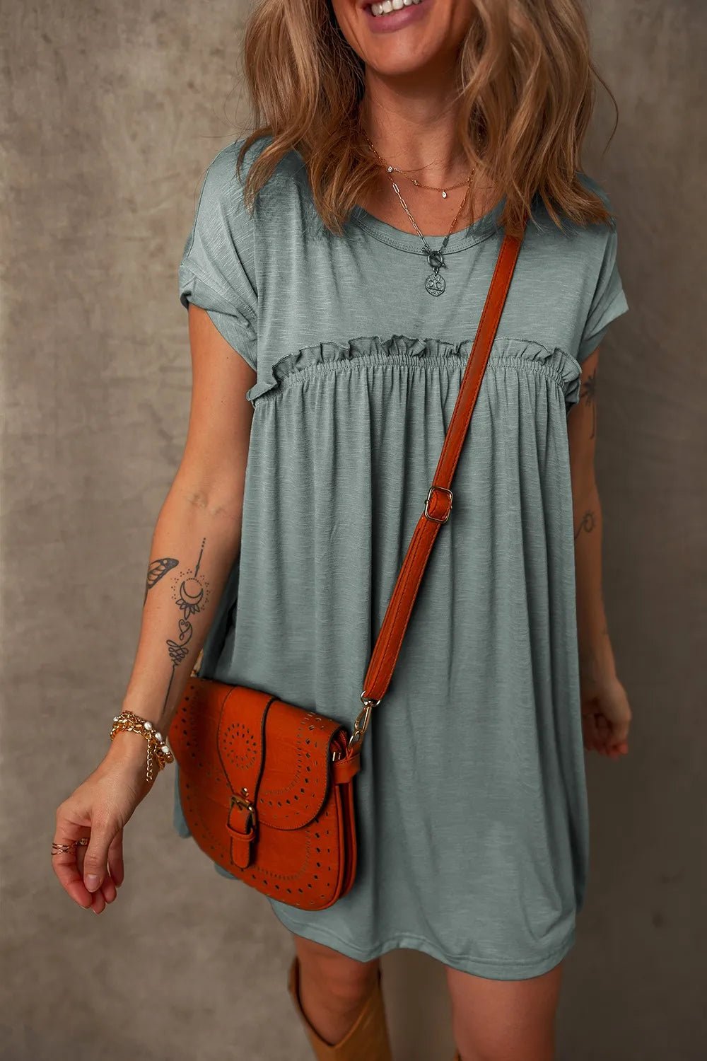 Frilled Gathered Seam Round Neck T Shirt Dress - adritiX
