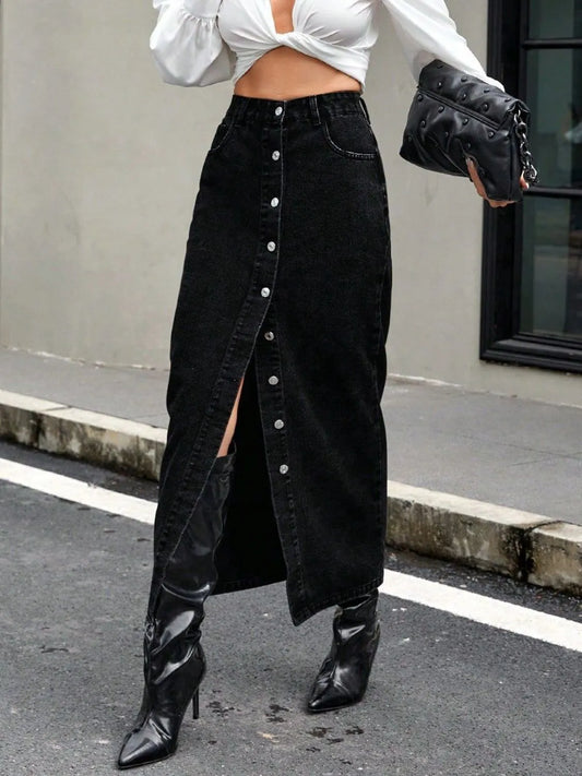 Button Front Denim Skirt - adritiX