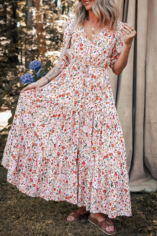 Elegant Boho Half Sleeve Floral V Neck Maxi Dress - adritiX
