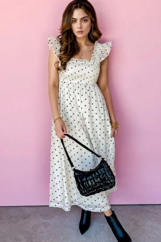 Polka Dot Ruffle Sleeve Smocked Midi Dress - adritiX