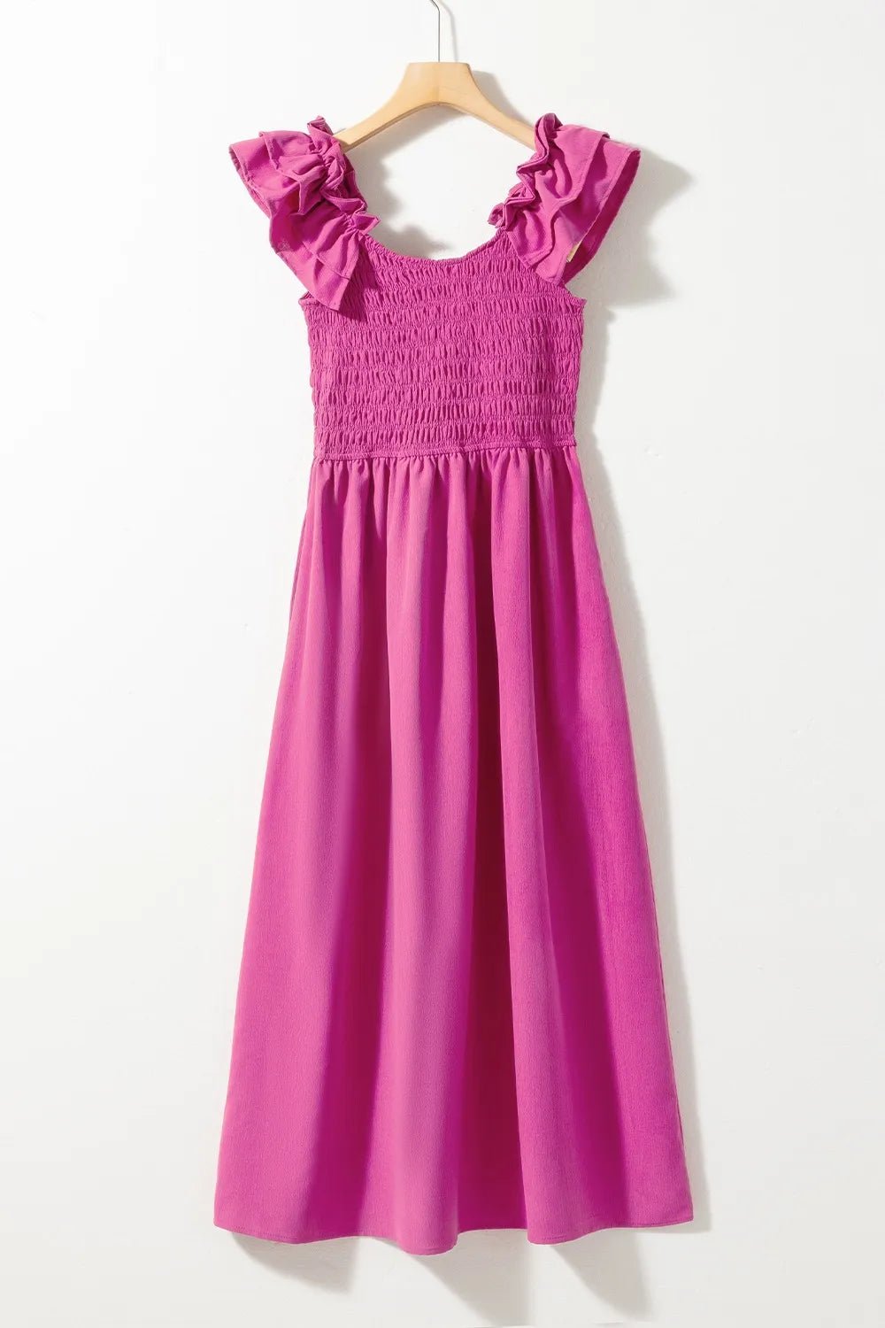 Solid Color Ruffled Straps Smocked Ruched Maxi Dress - adritiX