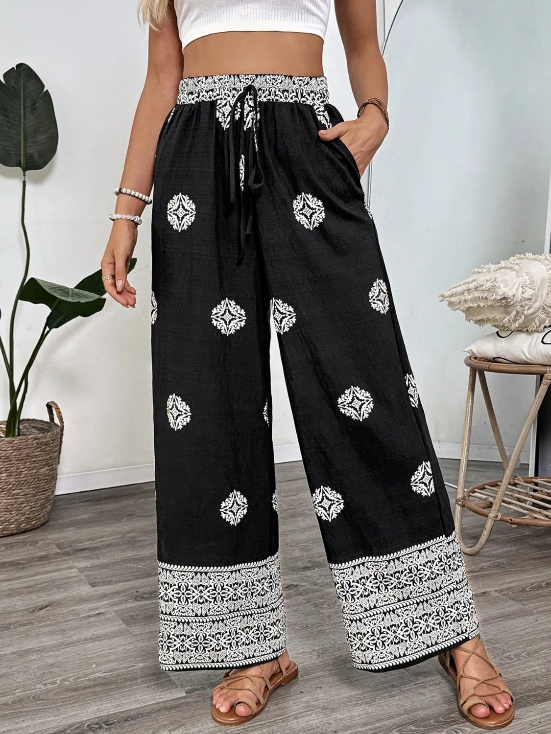 Boho Chic Wide Leg Pants with Vibrant Print for Effortless Style - adritiX
