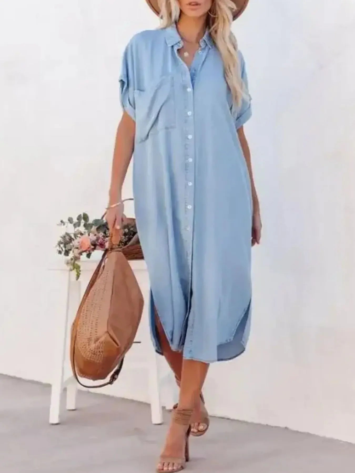 Button Down Denim Midi Shirt Dress - adritiX
