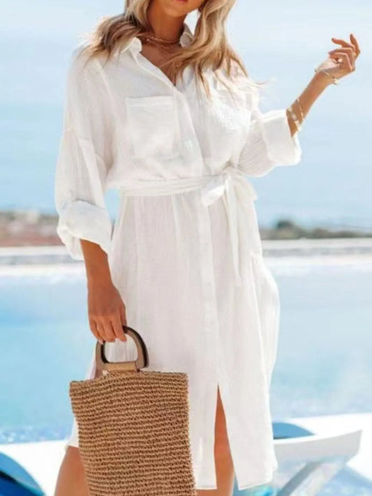 Button Down Tie Waist Shirt Dress - adritiX