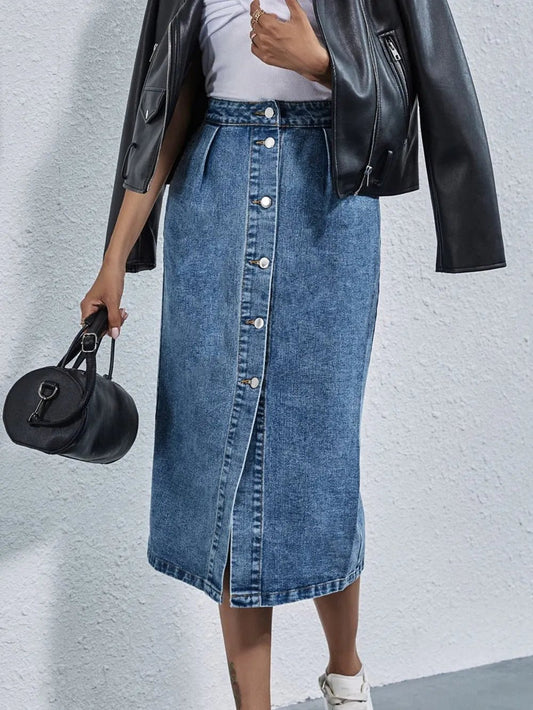 Buttoned Denim Skirt with Pockets - adritiX