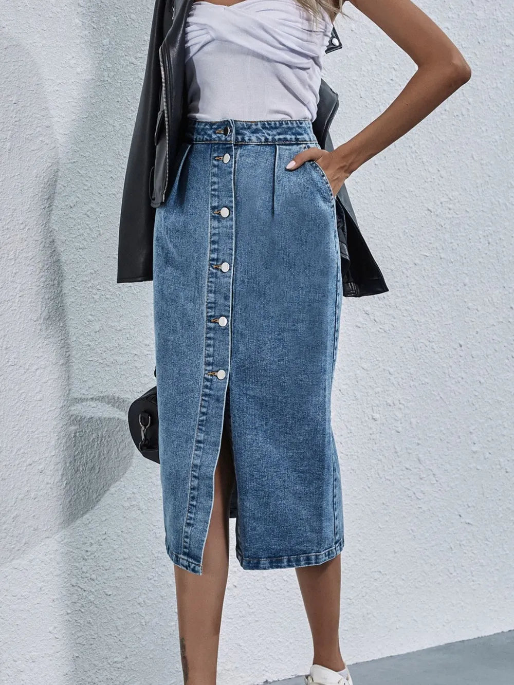 Buttoned Denim Skirt with Pockets - adritiX