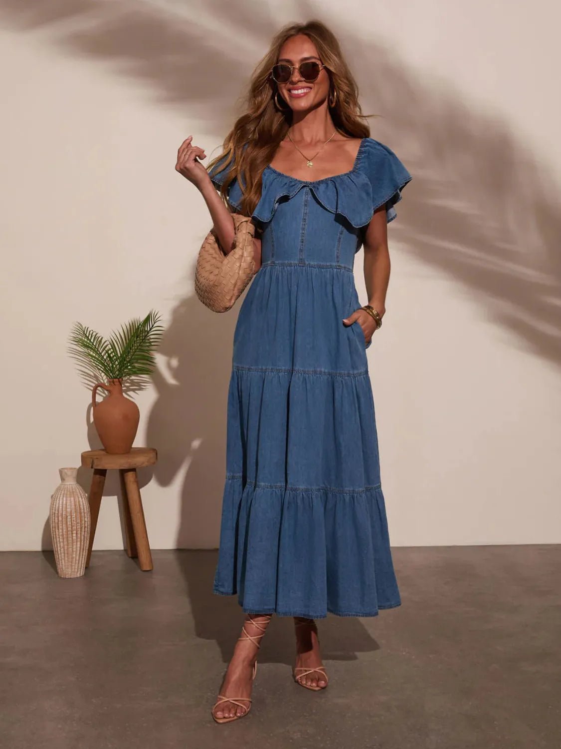 Off Shoulder Ruffle Tiered Denim Dress - adritiX