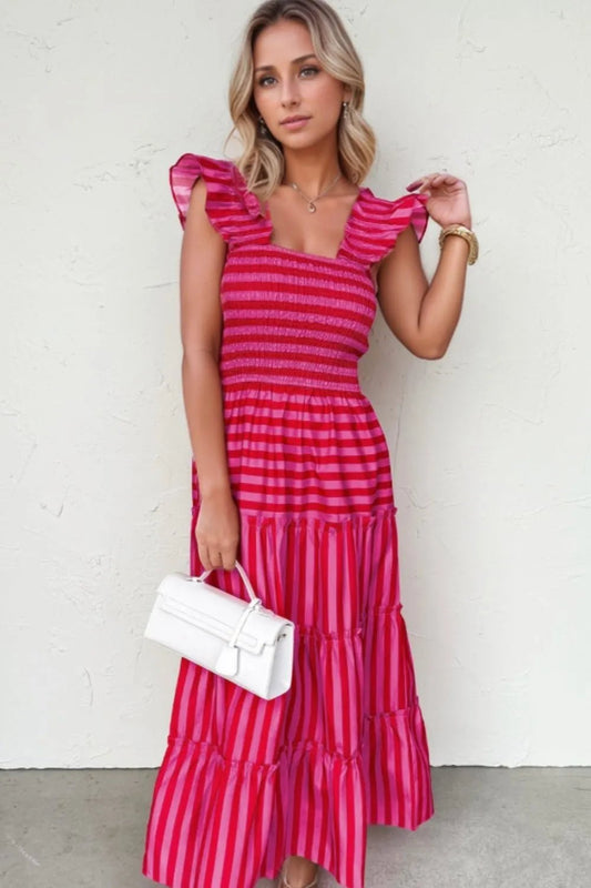 Stripe Flutter Sleeve Smocked Bodice Tiered Maxi Dress - adritiX