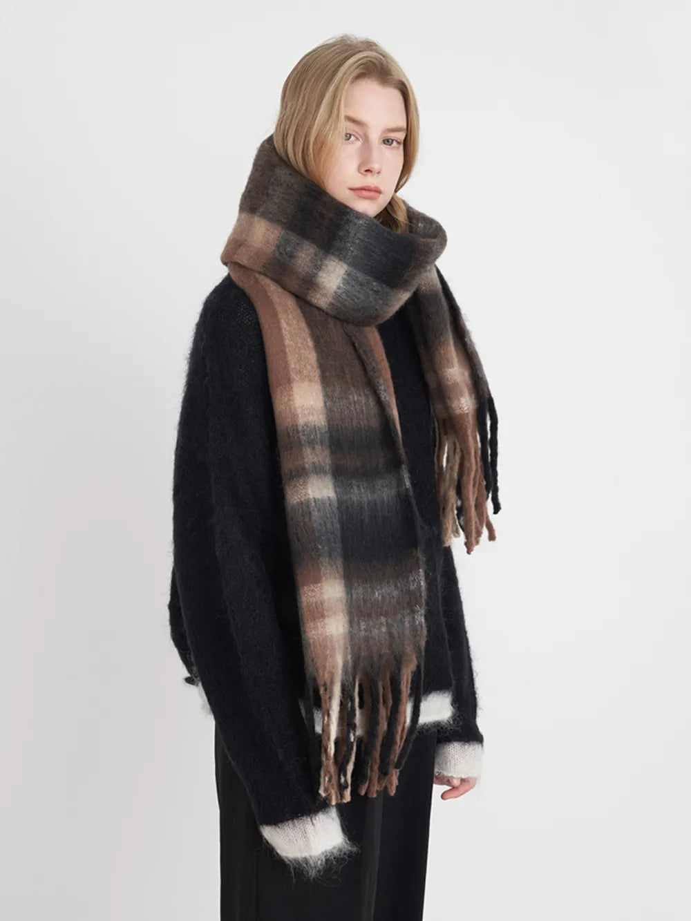 Fringe Plaid Polyester Scarf - adritiX