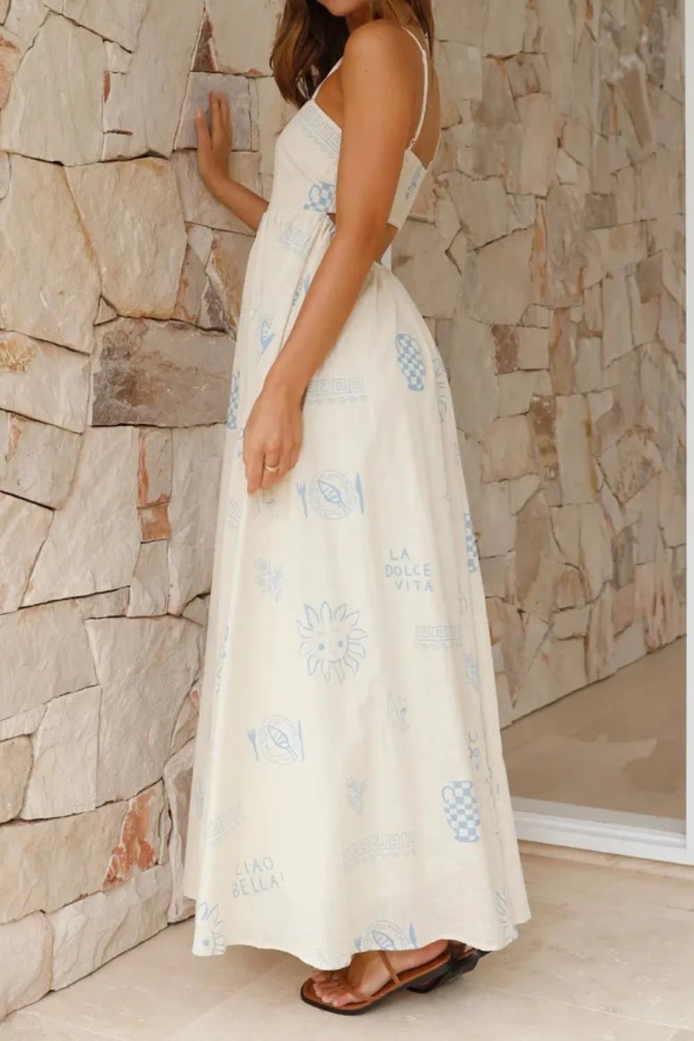 Cutout Back Printed Square Neck Maxi Cami Dress - adritiX