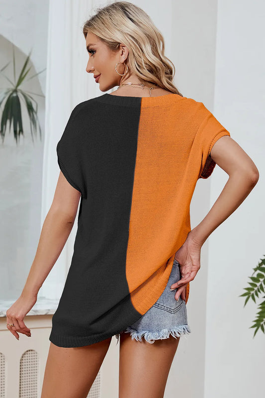 Color Block V-Neck Short Sleeve Knit Top - adritiX
