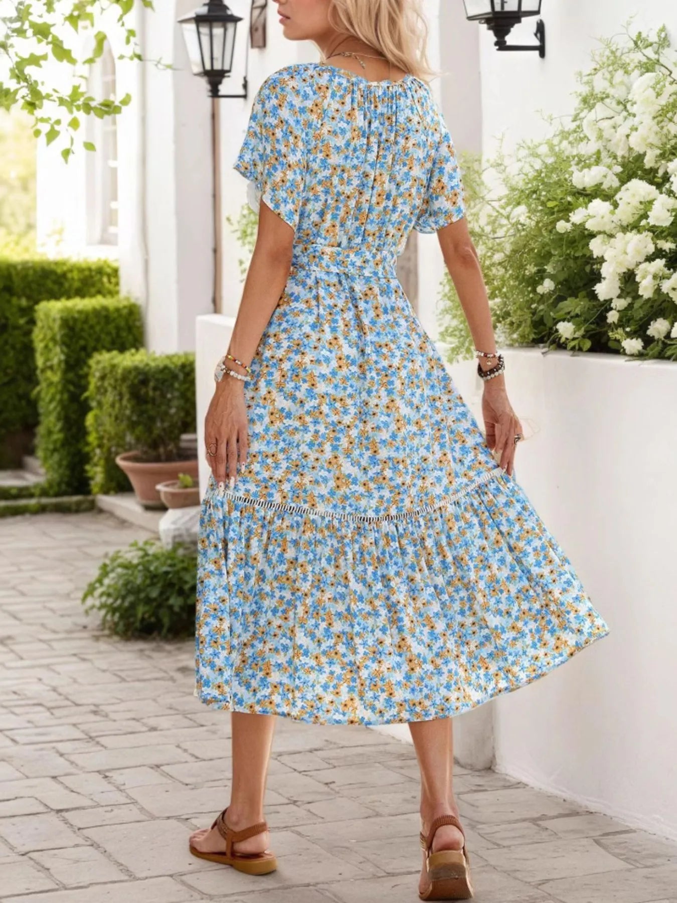 Floral Print Midi Dress with Tie Front - adritiX