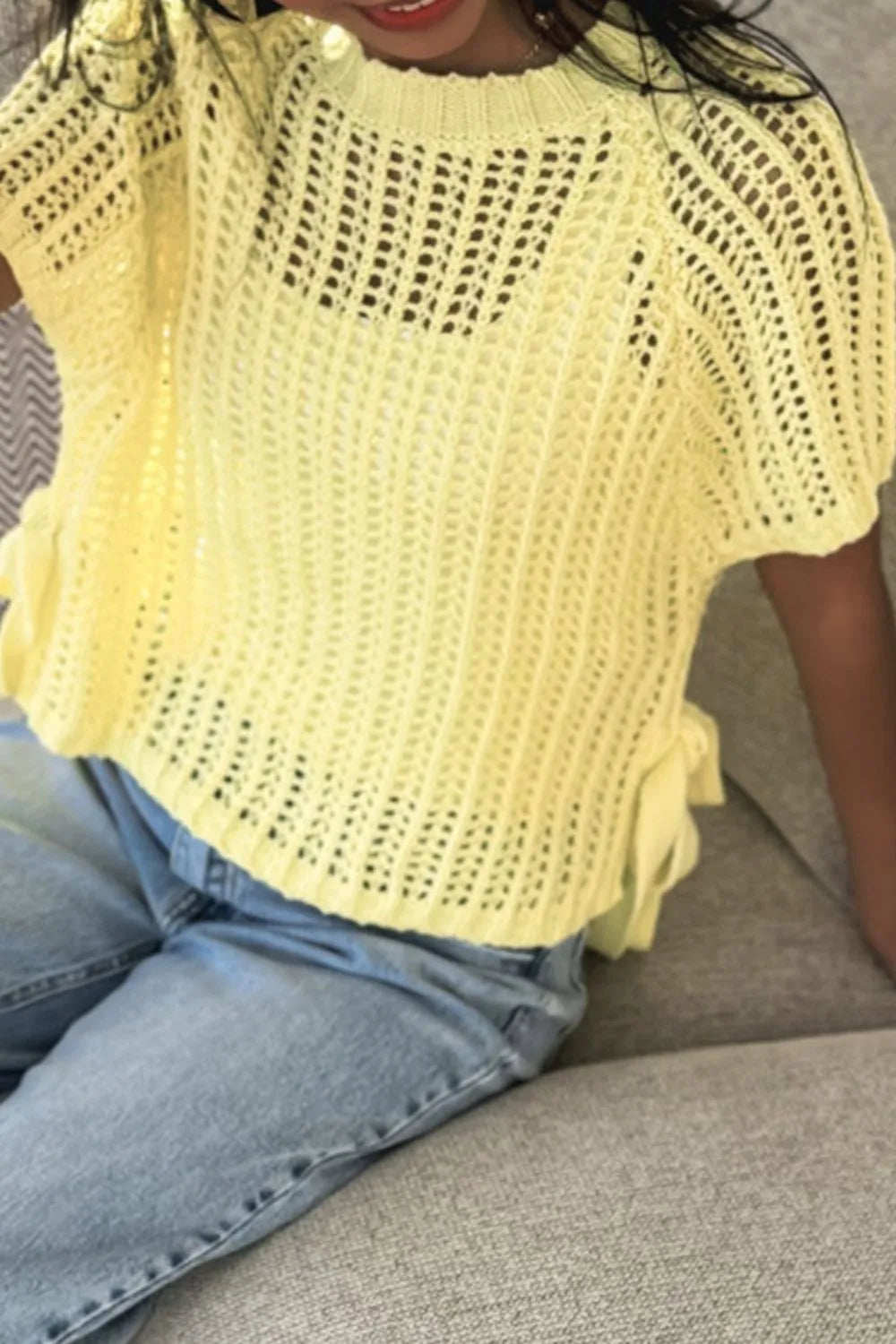 Hollow-out Crochet Side Tied Short Sleeve Knit Cover Up - adritiX