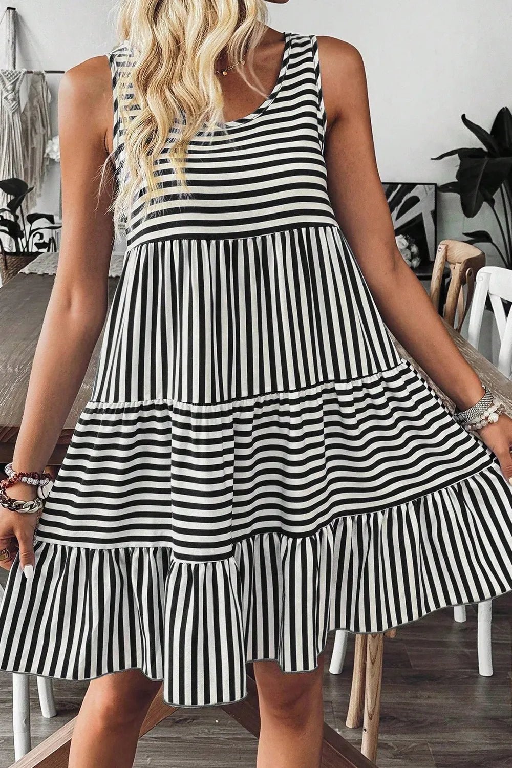 Striped Round Neck Sleeveless Mini Dress - adritiX