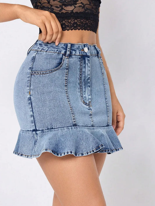 Ruffled Hem Denim Mini Skirt - adritiX