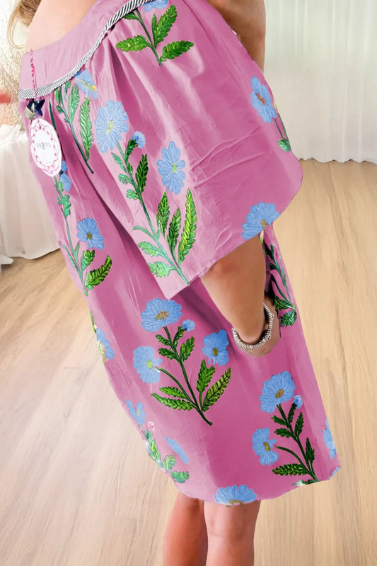 Floral Notched Summer Mini Dress with Striped Trim - adritiX