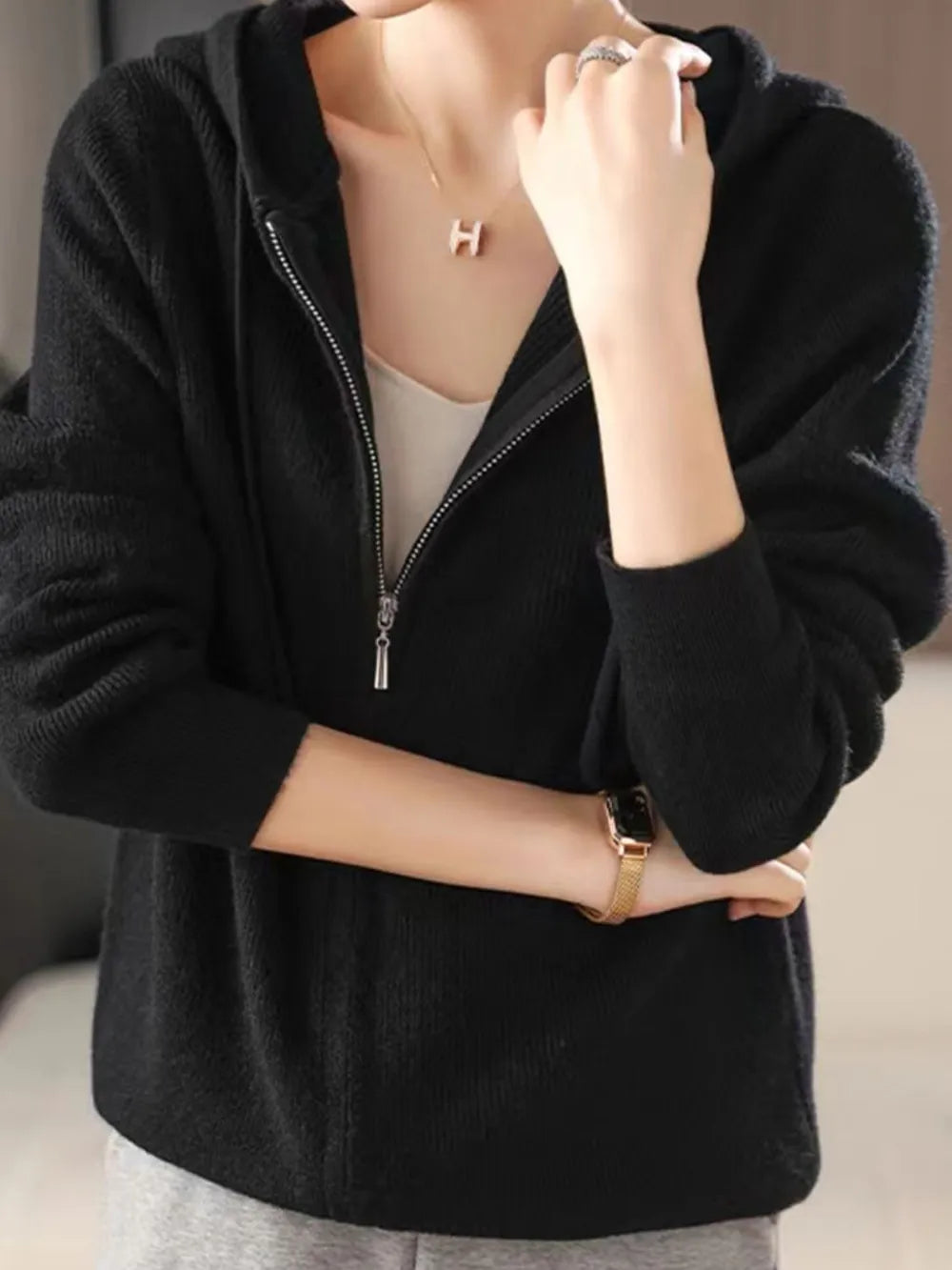 Drawstring Zip Up Long Sleeve Hooded Sweater - adritiX