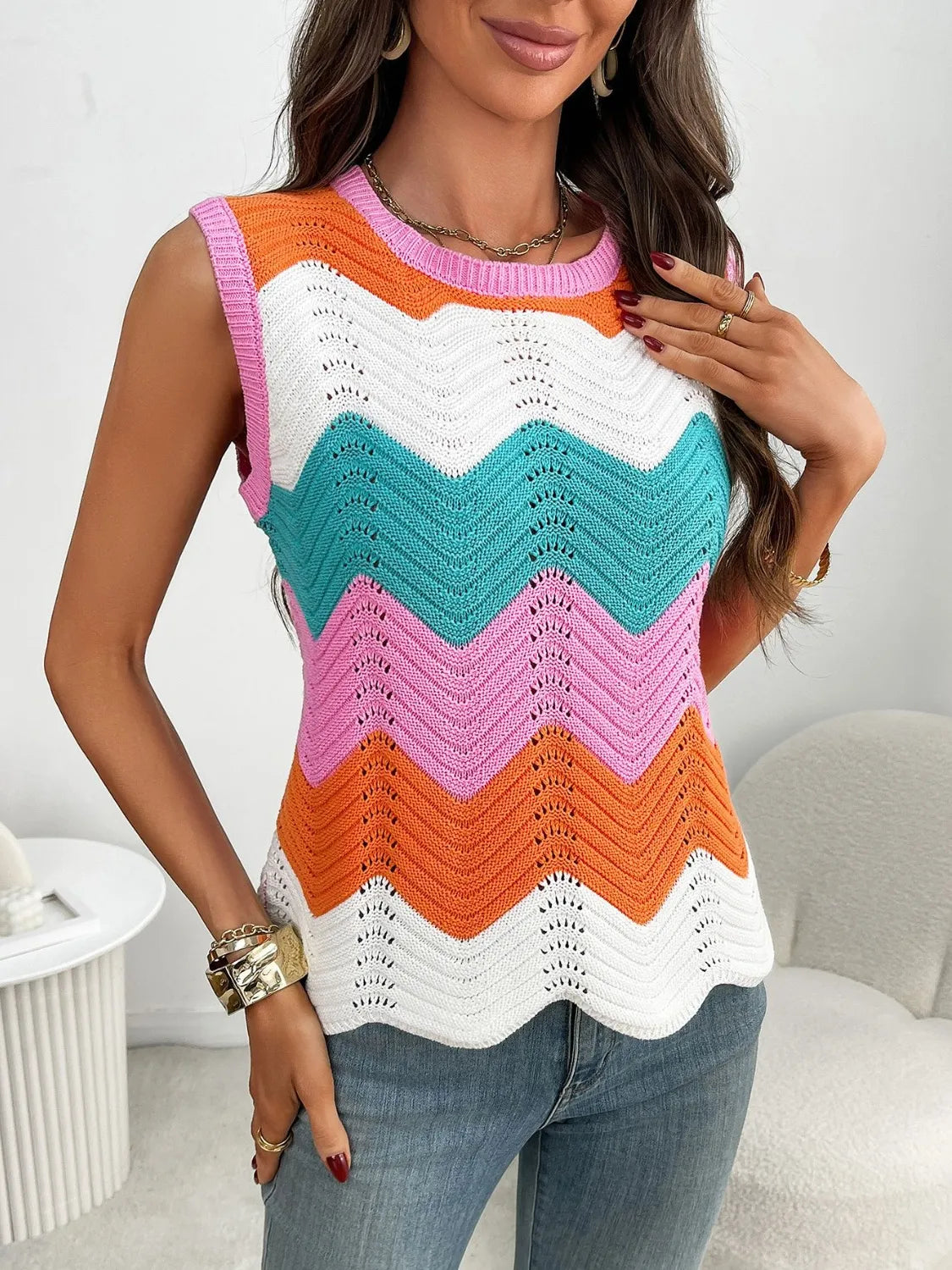 Color Block Round Neck Sweater Vest - adritiX