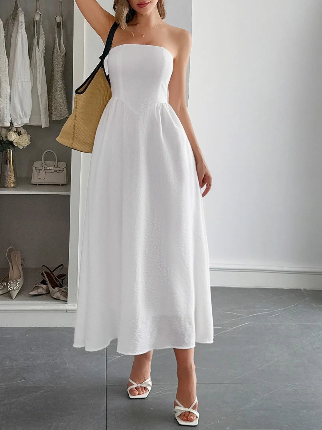 Strapless A-Line Midi Dress with Pockets - adritiX