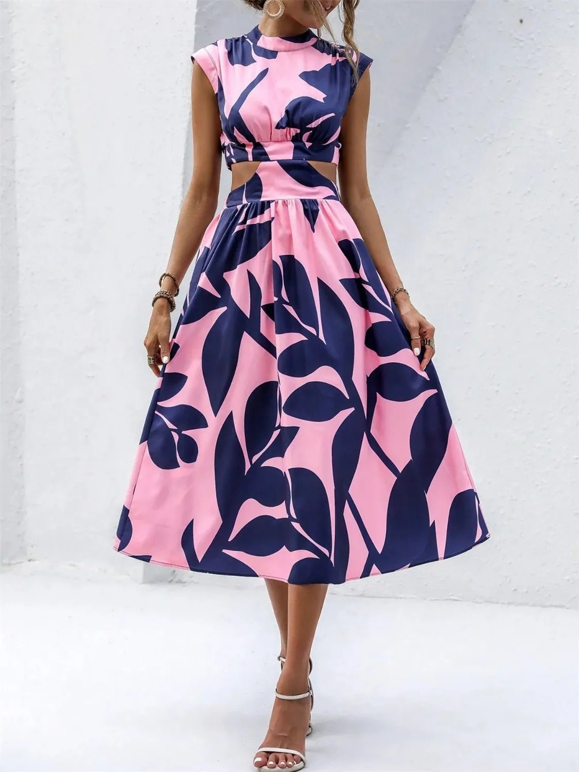 Cutout Printed Cap Sleeve Midi Dress - adritiX
