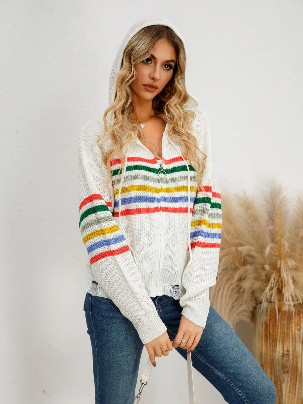 Drawstring Striped Dropped Shoulder Hooded Cardigan - adritiX