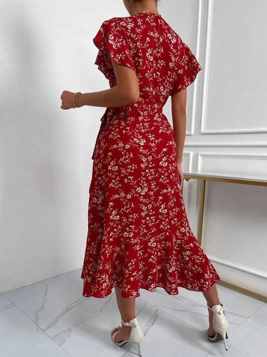 Floral Ruffle Sleeves Midi Dress - adritiX