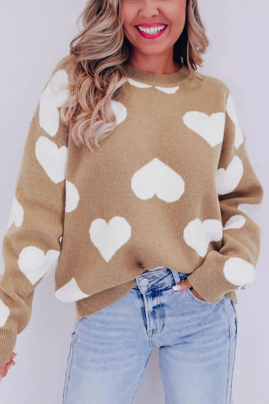 Heart Round Neck Long Sleeve Sweater - adritiX