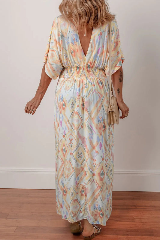 Printed Half Sleeve Shirred High Waist Maxi Dress - adritiX