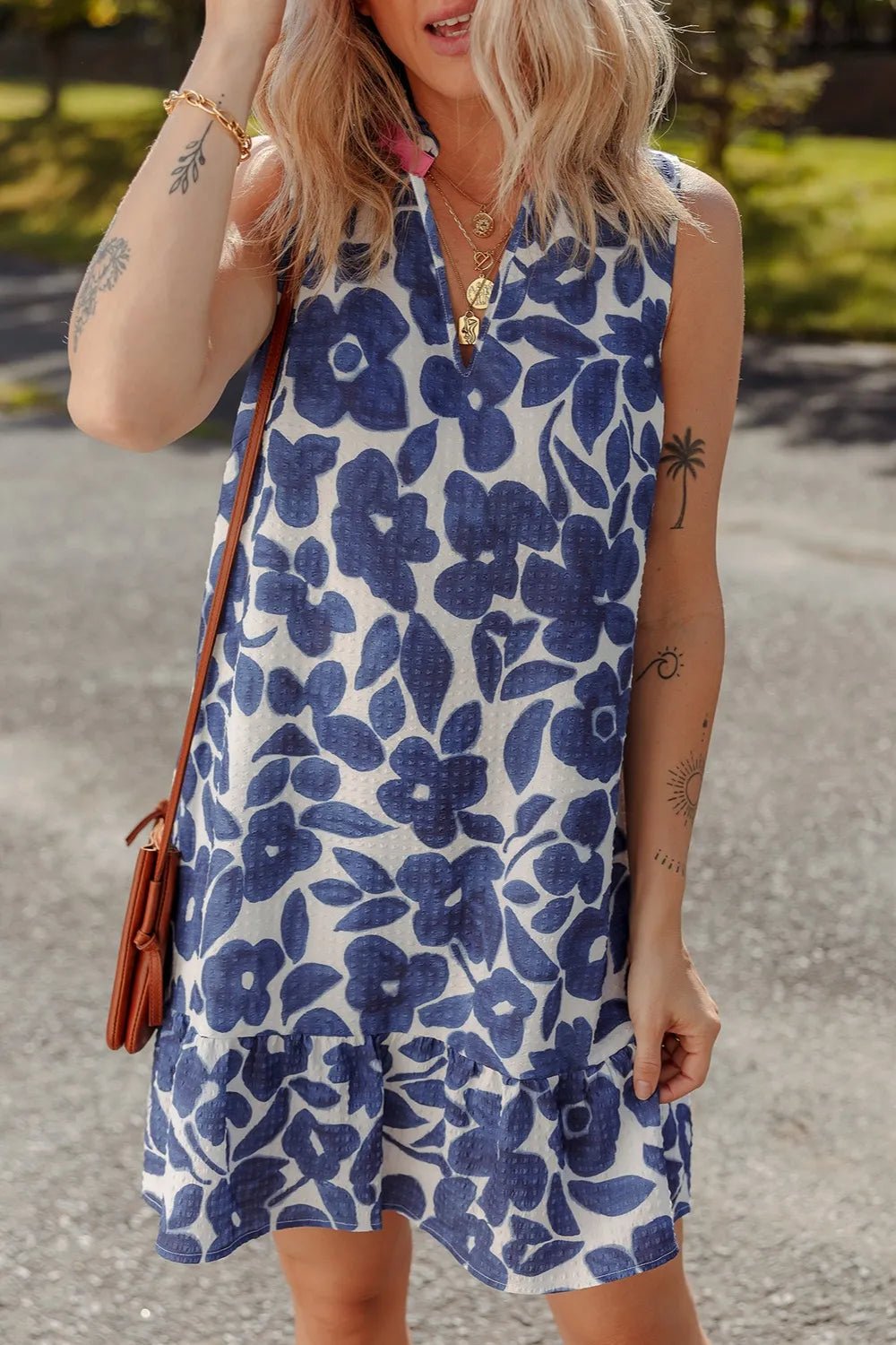 Floral Sleeveless Color Block Notched V Neck Mini Dress - adritiX