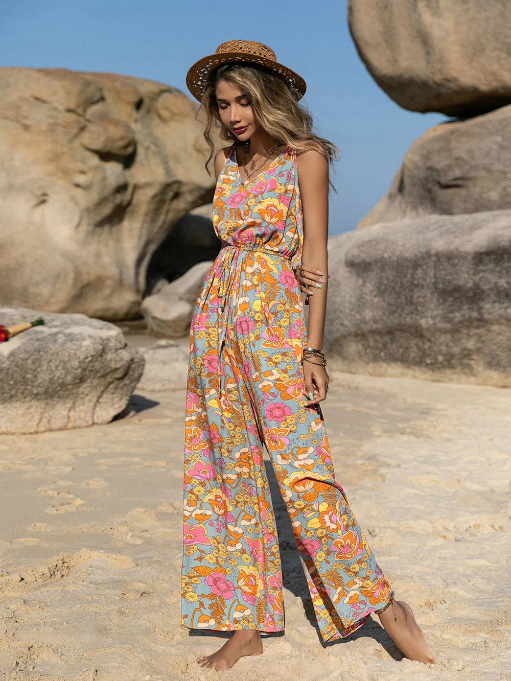 Elegant V-Neck Wide Leg Jumpsuit - adritiX