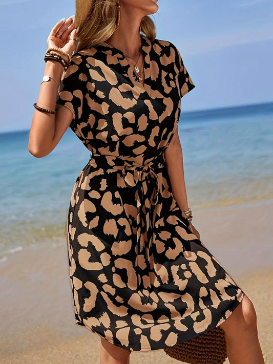Leopard Notched Tie Waist Midi Dress - adritiX