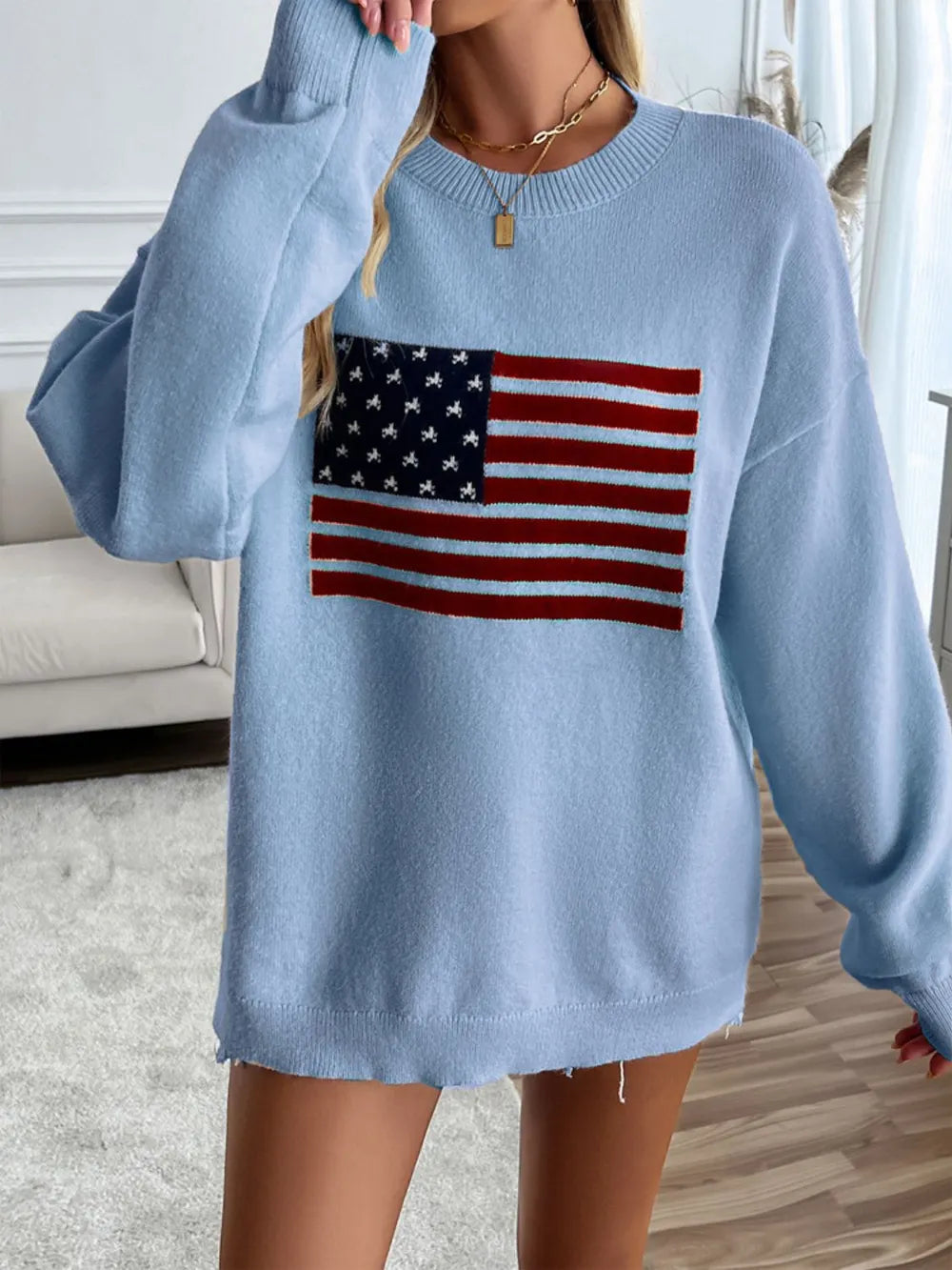 Devine US Flag Round Neck Long Sleeve Knit Top - adritiX