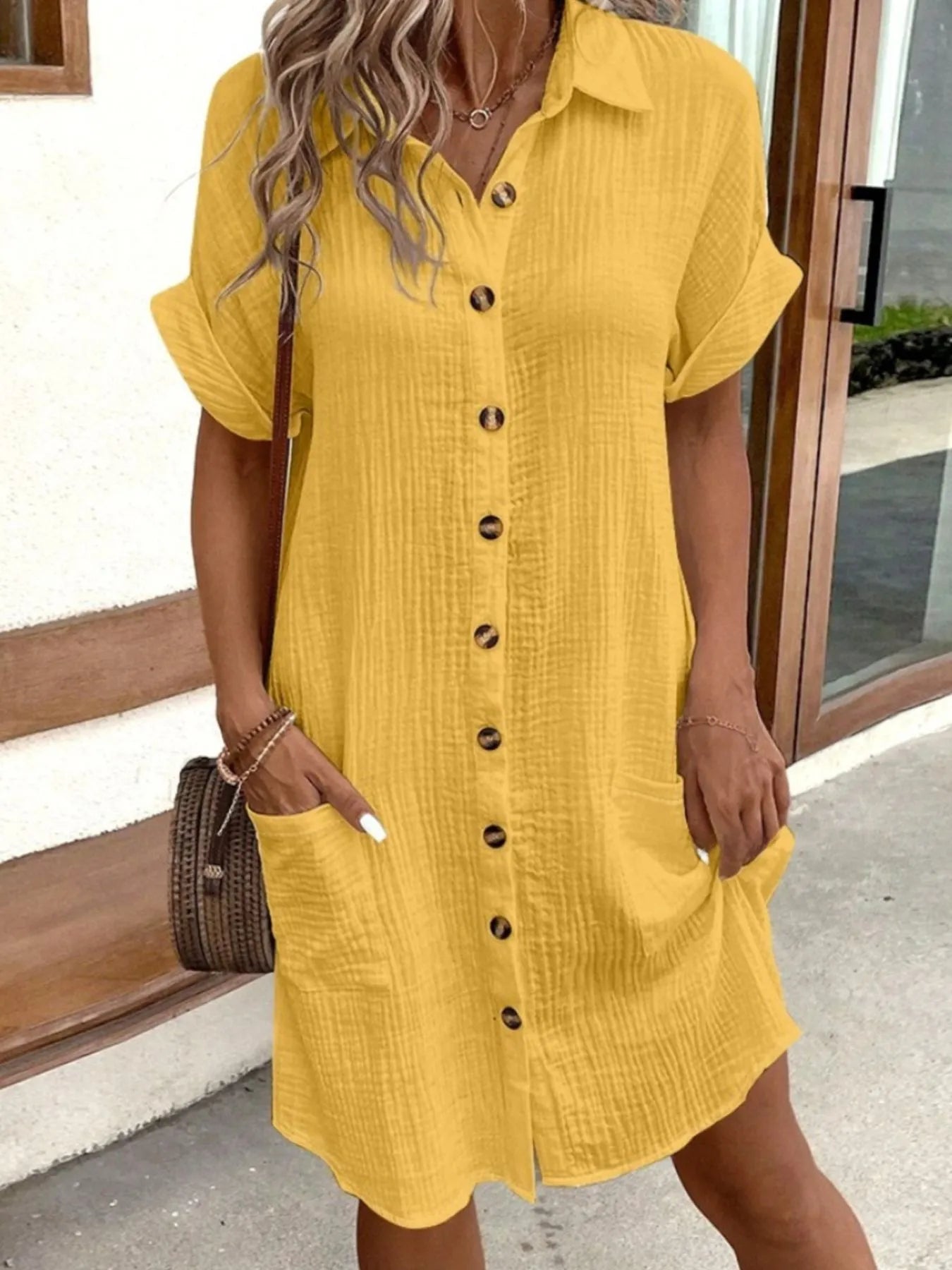 Casual Button Down Cotton Shirt Dress with Pockets - adritiX