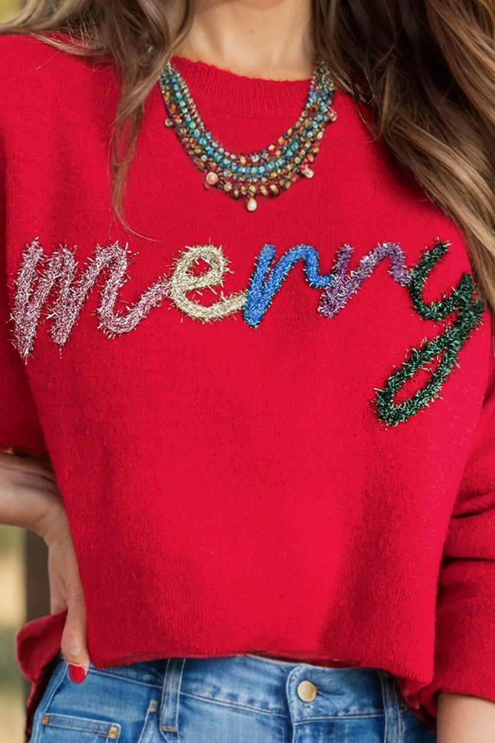 Elegant MERRY Round Neck Long Sleeve Sweater - adritiX