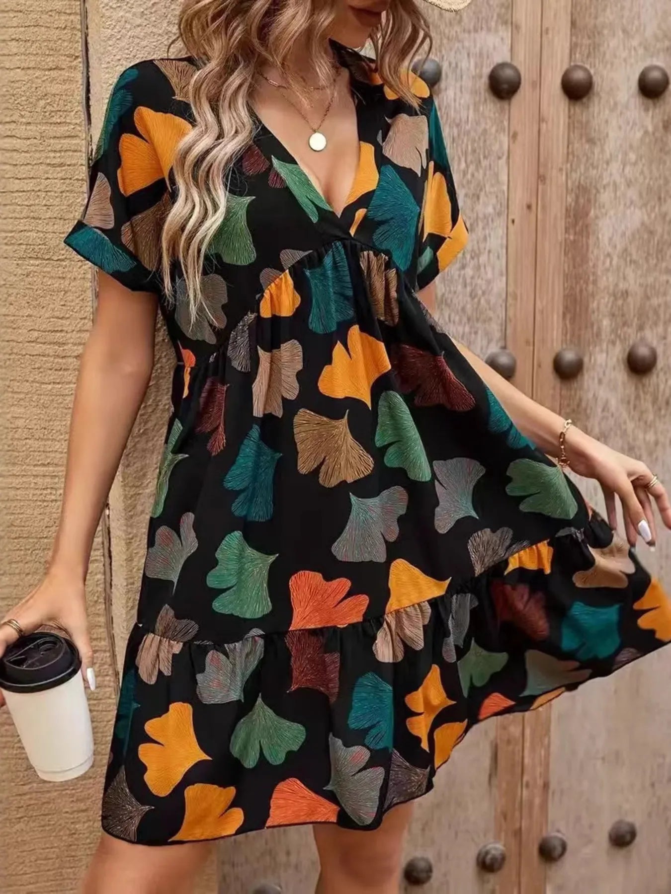 Printed V-neck Short Sleeve Boho Mini Dress - adritiX