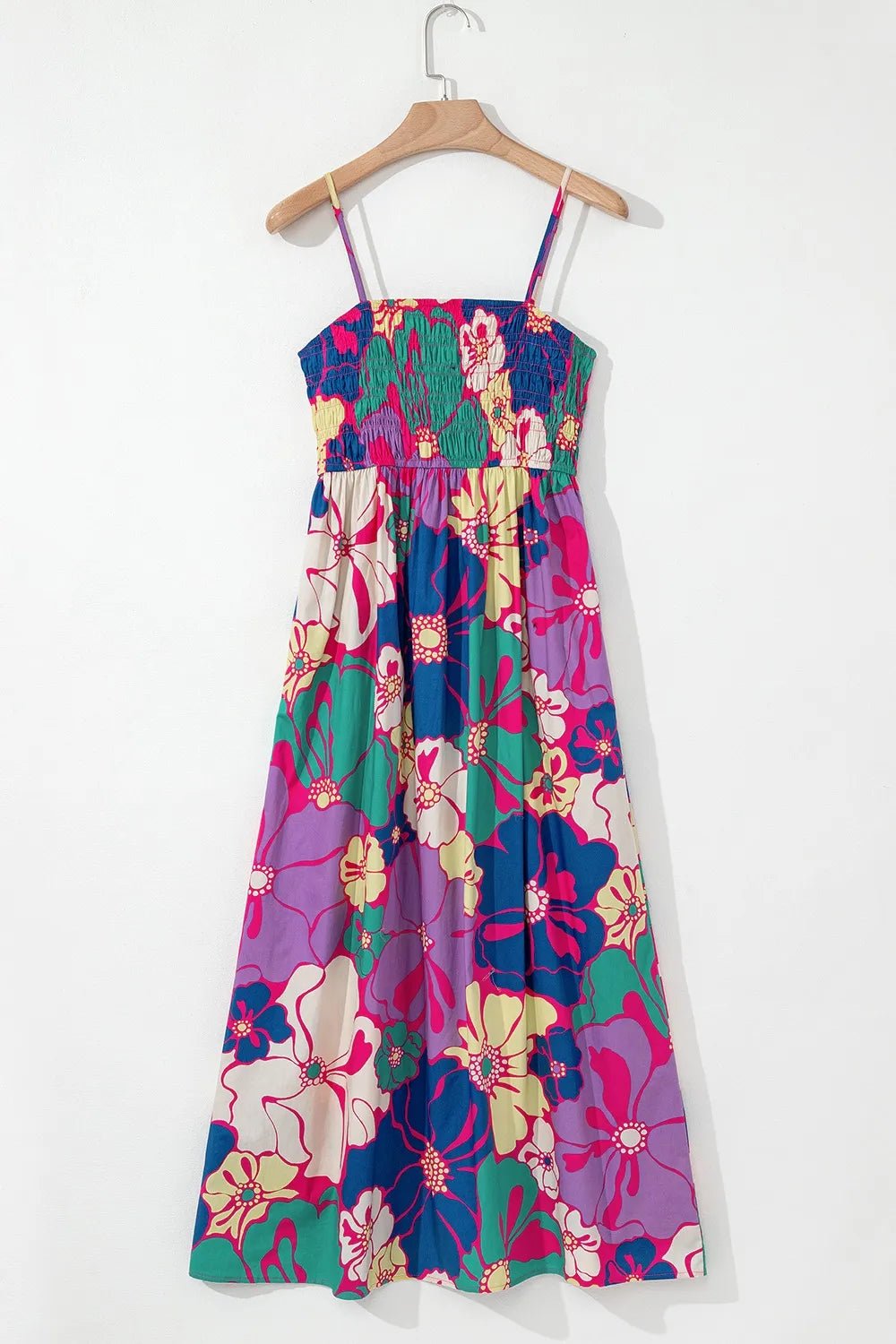 Floral Print Shirred Spaghetti Strap Loose Maxi Dress - adritiX